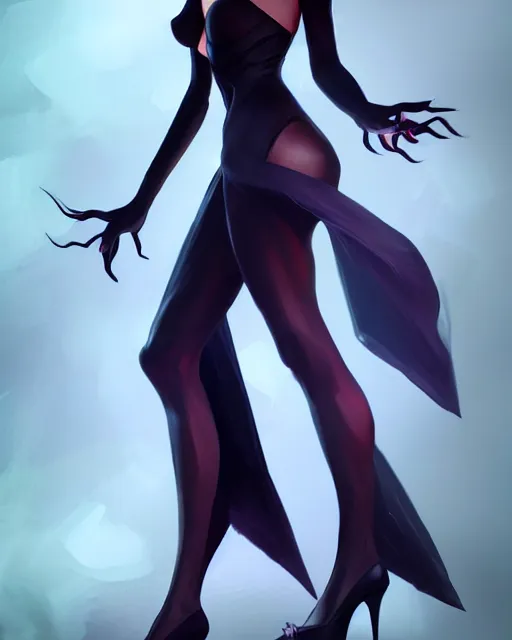 Image similar to ! dream dark witch with high heels, full - body and head view, highly detailed, zeronis style, artstation, soft light, sharp focus, illustration, character design, concept art