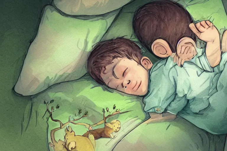 Prompt: a beautiful illustration of a little cute boy on his bed dreaming about a beautiful green forest with cute animals, detailed face, beautiful colors, digital art