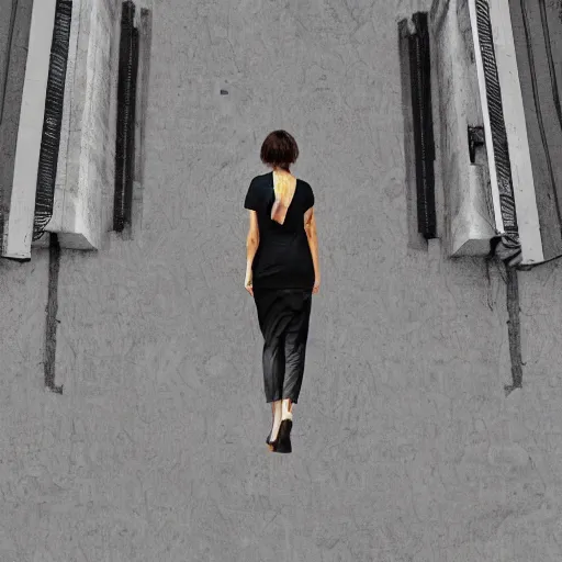 Prompt: woman, city, looking down, street top view, photoshop, photo manipulation, digital art