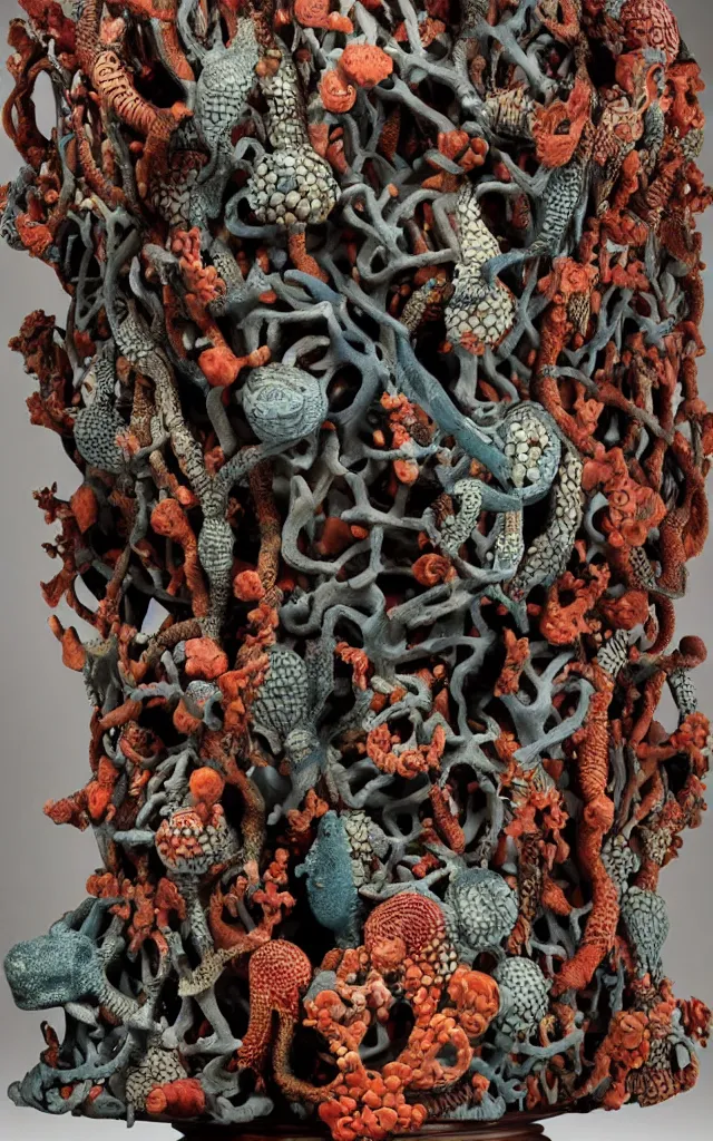 Prompt: Studio Photograph of Beautiful Ceramic Sculpture Of a Coral Reef on a pedestal intricately carved with sgraffito Lizard scales and painted with the image of Hungry Lizards by Paul Klee By Hans Bellmer by Pablo Picasso and covered with bird skulls by Caravaggio, high contrast iridescent oxblood glaze Bright Intense Colors shocking detail hyperrealistic trending on artstation