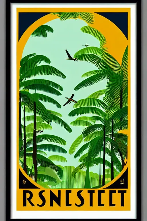 Image similar to art deco travel poster. rainforest, framed poster