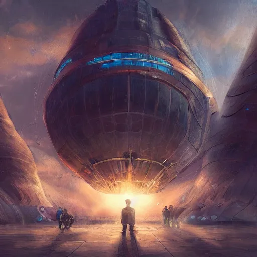 Image similar to thousands of people next to a big spaceship, fantasy art