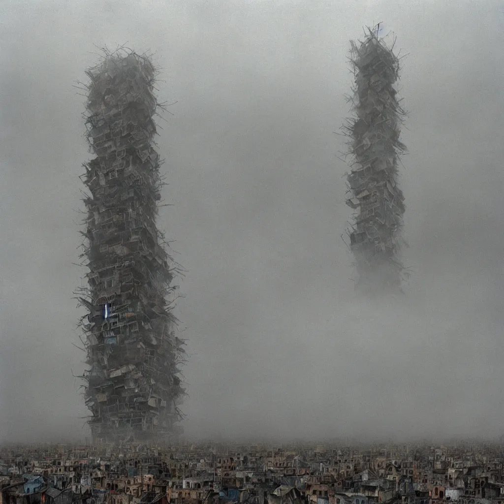 Image similar to close - up view of a tower made up of makeshift squatter shacks with faded colours, moody cloudy sky, uneven fog, dystopia, mamiya, fully frontal view, very detailed, photographed by andreas gursky