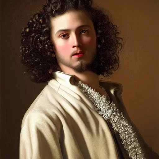 Prompt: young man with curly hair, in rich Russian furcoat, with pearl earring, Russian Empire, cinematic lighting, highly detailed, digital art, Renaissance painting, framed, by Leyendecker, by Rutkowsky,