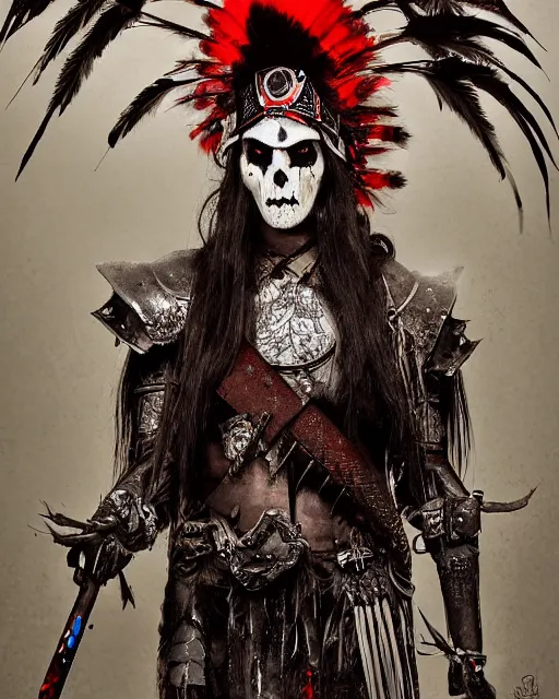 Image similar to the ghost - spirit of the grim - warpaint wears the scarlet skull armor and native blood headdress feathers, midnight fog - mist!, dark oil painting colors, realism, cinematic lighting, various refining methods, micro macro autofocus, ultra definition, award winning photo