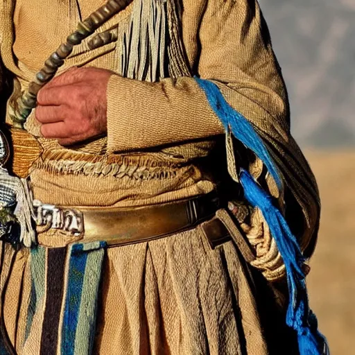 Image similar to Close up of a Kurdish shepherd wearing traditional Kurdish clothes in a movie directed by Christopher Nolan, movie still frame, promotional image, imax 70 mm footage