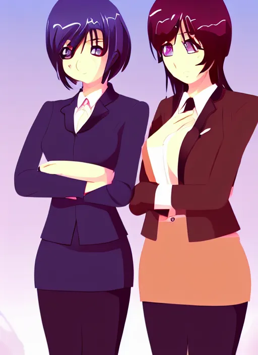 Prompt: two beautiful mothers standing face to face annoyed, hands on hips, office clothes, gorgeous faces, smooth, cinematic lighting, detailed anime art