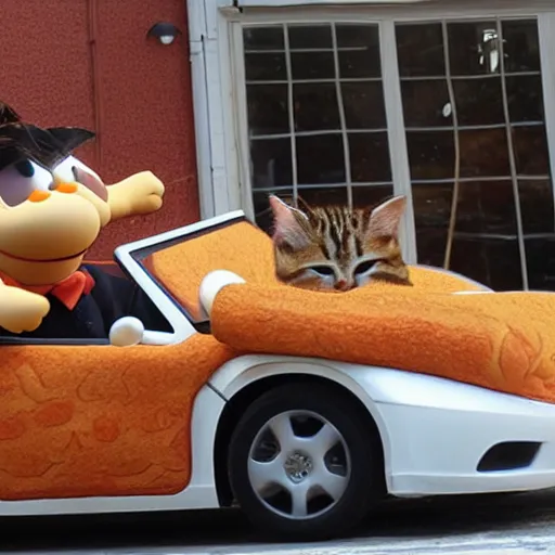 Image similar to garfield the cat driving car into side of pizzeria