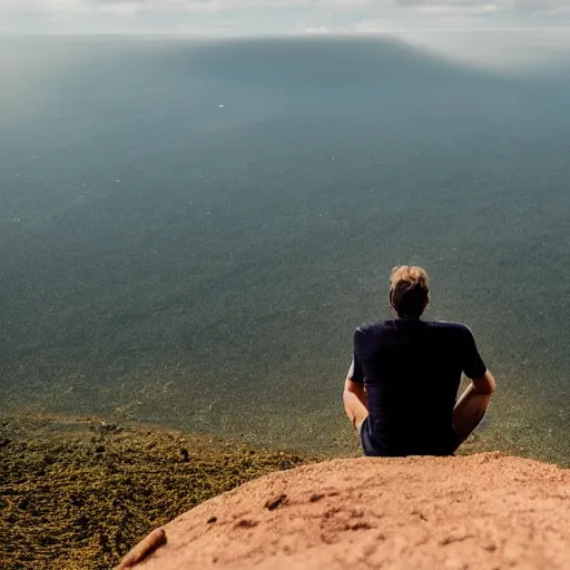 Prompt: man sitting on top peak mountain cliff looking at huge sand tornado