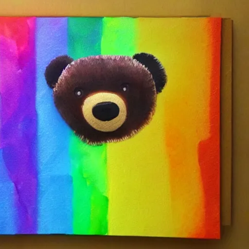 Image similar to teddy bear vomiting rainbow, photorealistic