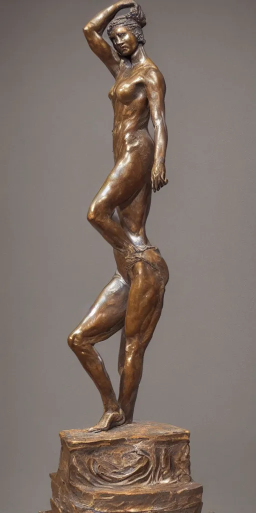 Image similar to detailed photo of old bronze patina statue of most famous woman, full body portrait, various bending poses, photorealism, intricate detail, museum diffuse lighting