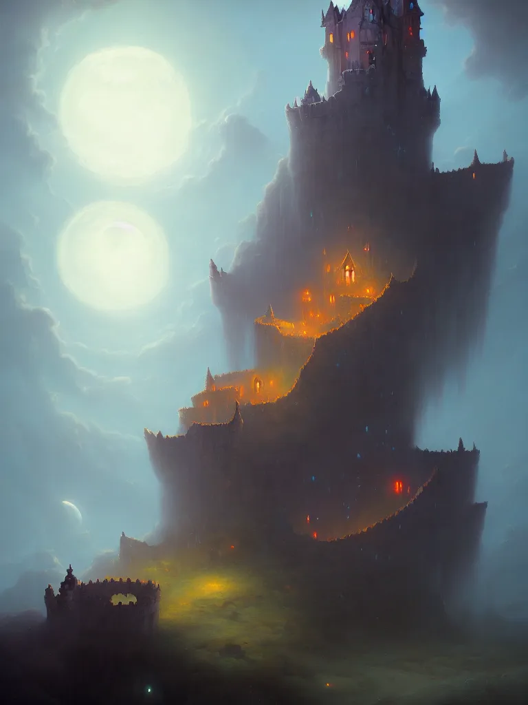 Prompt: a necromancer's magical castle on a cliff by peter mohrbacher, moonlight, fantasy art