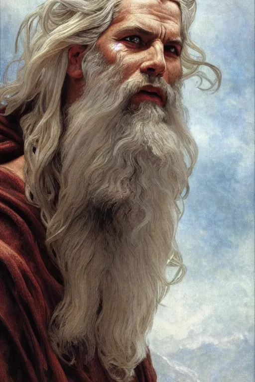 Image similar to painted portrait of rugged zeus, god of thunder, greek god, white hair, masculine, powerful, handsome, opulent, upper body, white robe, muscular, hairy torso, fantasy, intricate, elegant, highly detailed, digital painting, artstation, concept art, smooth, sharp focus, illustration, art by gaston bussiere and alphonse mucha