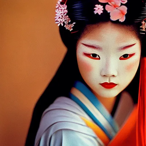 Prompt: portrait of a beautiful geisha, photograph by steve mccurry