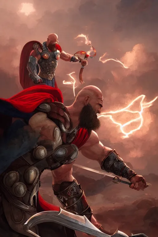 Prompt: kratos vs thor in valhalla, highly detailed, digital painting, artstation, concept art, smooth, sharp focus, illustration, unreal engine 5, 8 k, art by artgerm and greg rutkowski and edgar maxence