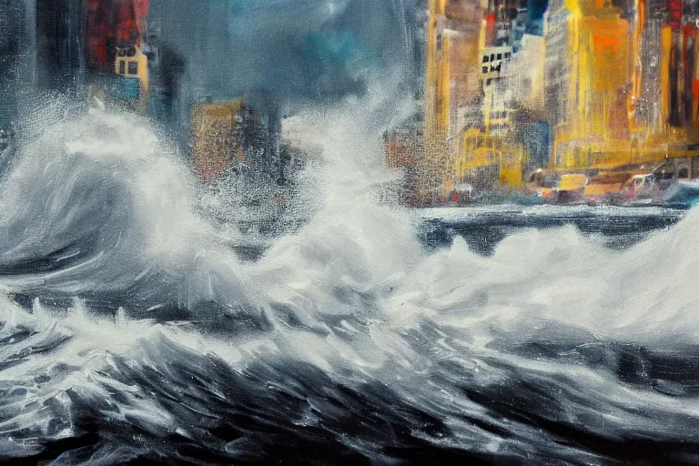 Image similar to tidal wave crashing over manhattan, bird's eye view, wide shot, cinematic, realistic style painting