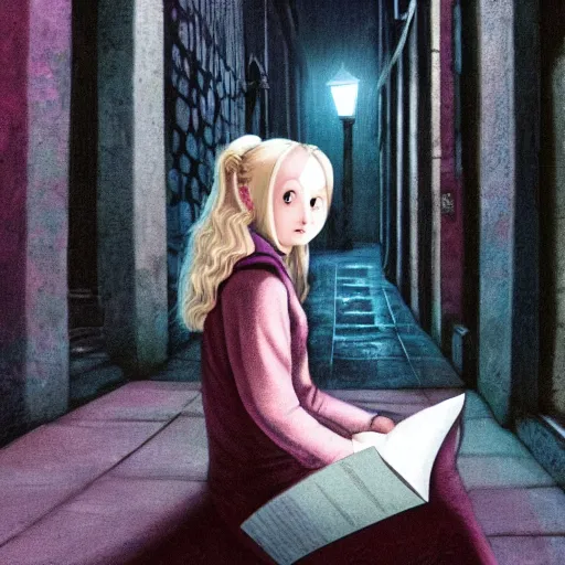 Image similar to luna lovegood sitting in a dark alley reading a book in a hyper realistic shot, low light