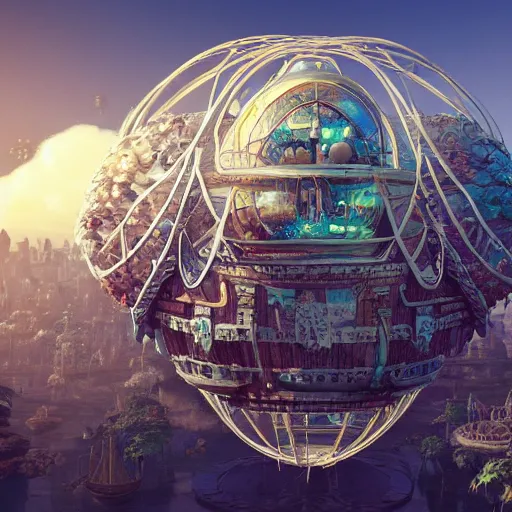 Image similar to enormous flying city in a faberge egg, sky, steampunk, fantasy art, masterpiece, unreal engine