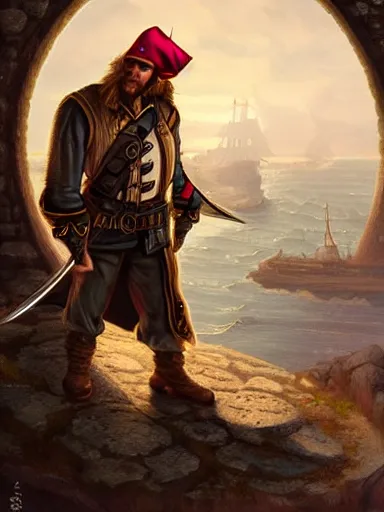 Prompt: captain pirate looking trough a lunette. from the top of a stone fort. intricate, elegant, highly detailed, digital painting, artstation, concept art, sharp focus, illustration, by justin gerard and artgerm, 8 k