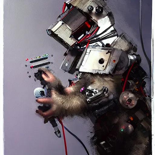 Image similar to a rat cyborg playing with a tb-303 synthesizer, by ruan jia