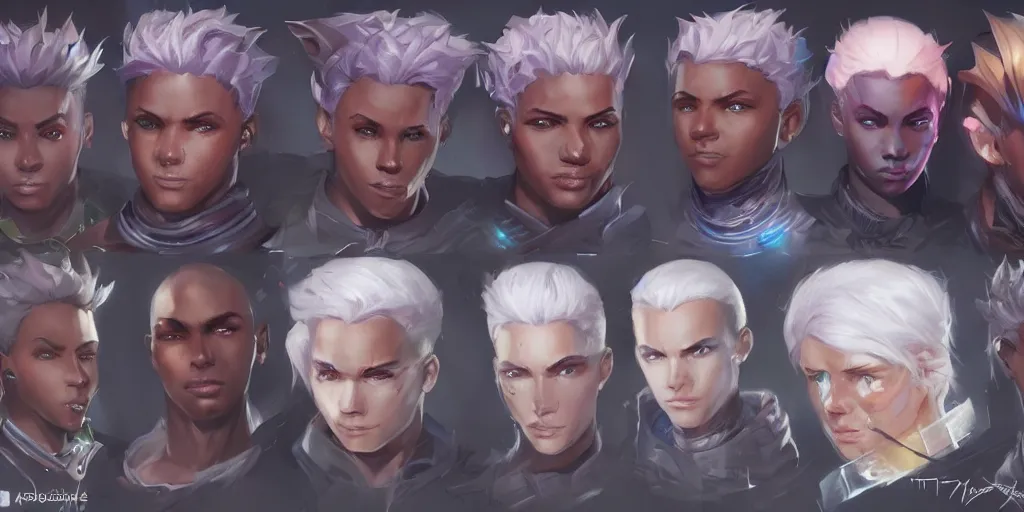 Image similar to concept art of young black male netrunner d & d video game characters head designs, unique hair designs, by marc brunet and artgerm