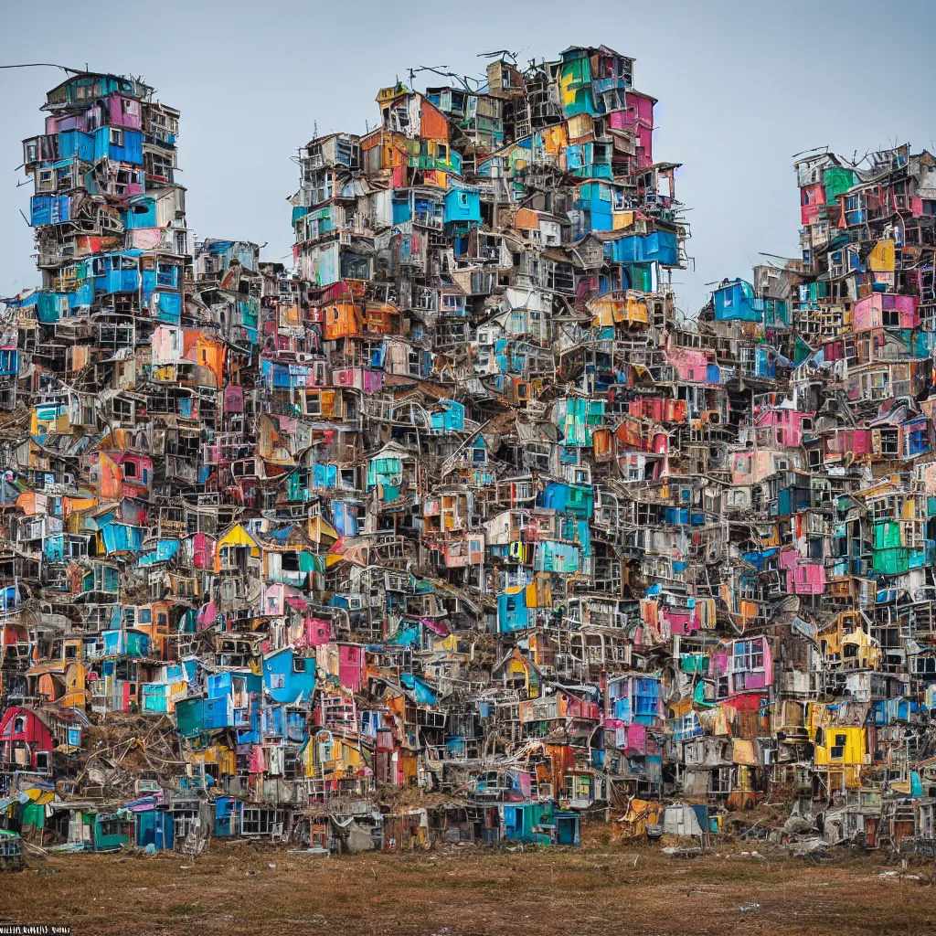 Image similar to a tower made up of colourful makeshift squatter shacks, dystopia, sony a 7 r 3, f 1 1, fully frontal view, photographed by richard avedon, ultra detailed,