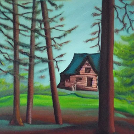 Image similar to a painting of a Eerie cabin in the middle of the woods in the style of Jackson Polluck