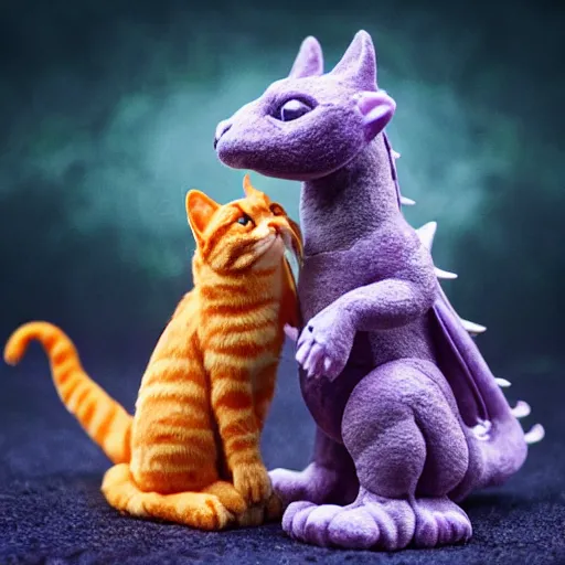 Image similar to tiny adorable purple fantasy dragon cuddles an orange tabby cat, realistic, orange tabby cuddles purple dragon, award - winning photography