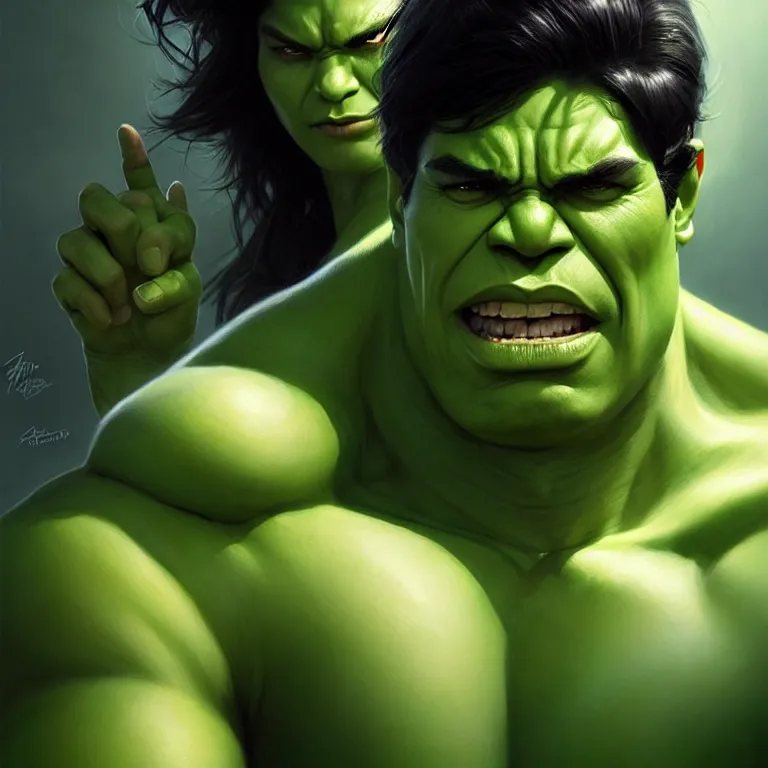 Image similar to portrait of gender neutral hulk, black hair, green eyes, elegant, real life skin, intricate artwork, high detailed, artstation, concept art, smooth, sharp focus, art by artgerm and greg rutkowski @ ruprechy