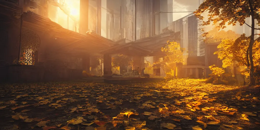 Image similar to A yellow baby rabbit, cyberpunk temple, sunset with falling leaves, Tyndall rays, low angle, light through the mist, dramatic lighting, photorealistic, cinematic lighting, high detail, cinematic feel, high octane, 4K, Unreal Engine, digital render, intricate, ultra realistic, concept art
