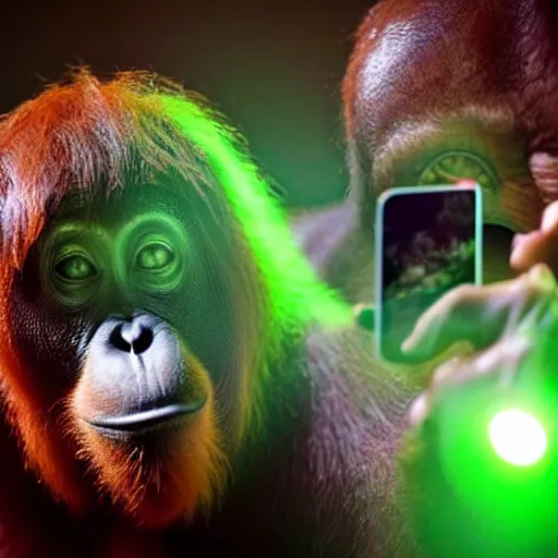 Prompt: A photo of an orangutan taking a selfie with Michael Gove at the club, disco lights, bokeh, hyperdetailed