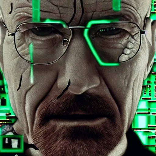 Prompt: close up still of walter white seeing the matrix code, highly detailed face, highly detailed skin, award winning scene, photography, photo, beautiful glitching green matrix code