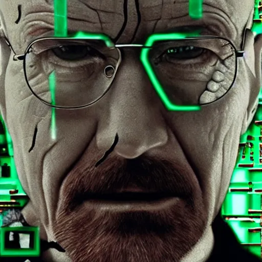 Image similar to close up still of walter white seeing the matrix code, highly detailed face, highly detailed skin, award winning scene, photography, photo, beautiful glitching green matrix code