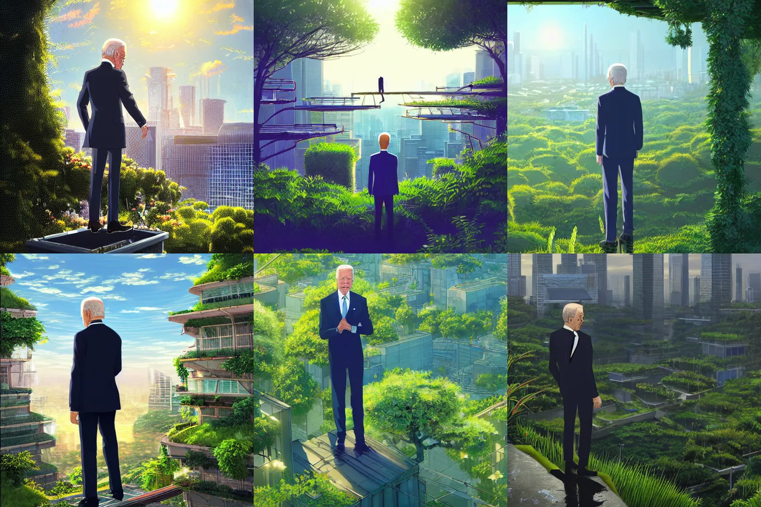 Prompt: highly detailed digital art of joe biden standing on an overgrown rooftop looking into the lush solarpunk city below, sunshine, kimi no na wa, trending on artstation, tranquil, by ghibli