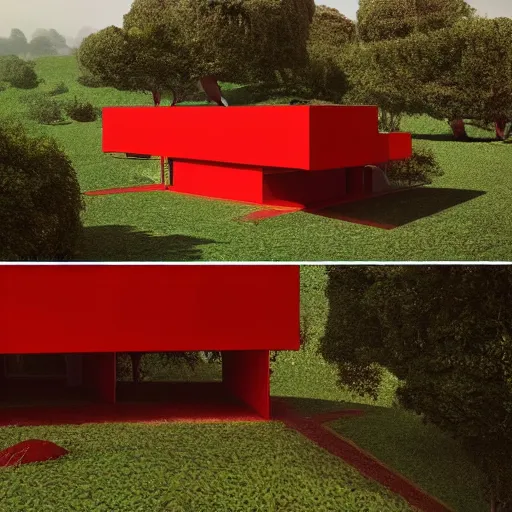 Image similar to futuristic rectangular red house with courtyard and flat roof, on a hill surrounded by big trees, dramatic lighting, artstation, matte painting, raphael lacoste, simon stalenhag, frank lloyd wright, zaha hadid, drone view