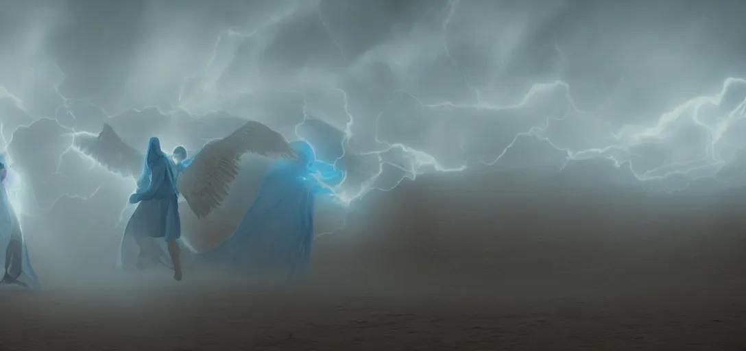 Image similar to an evil demon in blue and yellow robes fighting an angel in white robes in a desert, luminescent eyes, sunny weather, rendered in octane, realistic, 8 k, vivid, intricate, detailed, mist, fog, dramatic light