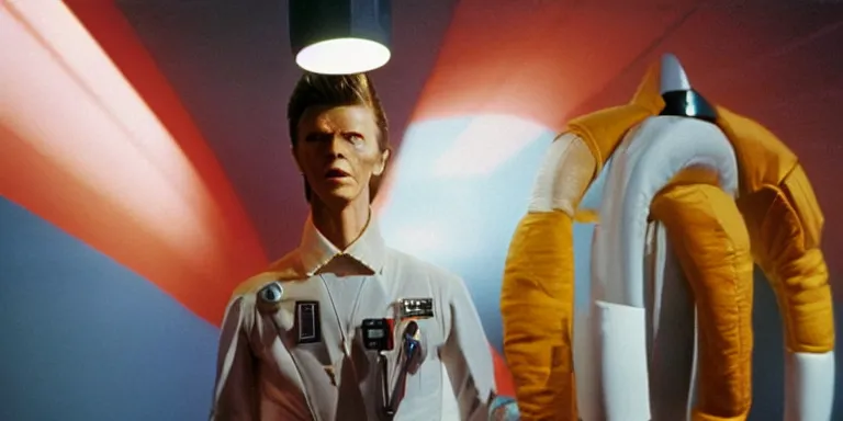 Image similar to photorealistic medium close shot cinematography of a 1 9 8 1 version of healthy david bowie in a cheesy 5 0's space suit acting as a man from outter space in a twilight zone episode that takes place in mid century modern apartment shot on film by the shining cinematographer john alcott on a cooke panchro 1 8 mm lens.