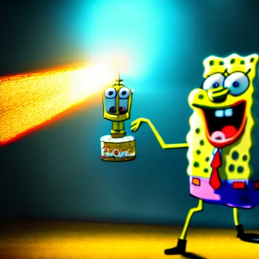 Image similar to high detail full body shot of spongebob squarepants shooting a machine gun with muzzle flash, cinematic framing, cinematic light, hard shadows,