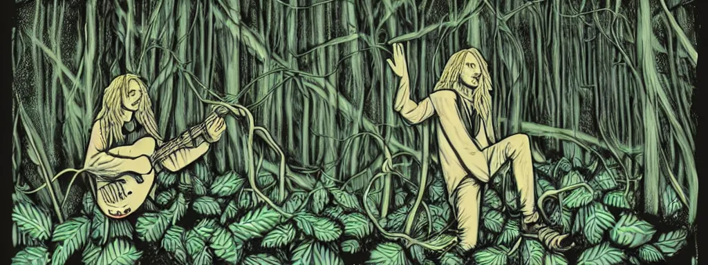 Image similar to a grunge technogaianist long-haired blonde digital musician playing modular synthesizer in the forest, technology and nature swirling in harmony, plugging vines into the synthesizer, trees swaying to the beat, postmodern surrealist concert poster, grainy poster art, hand drawn matte painting by Tara McPherson and Gary Houston, smooth, sharp focus, extremely detailed, 50mm.