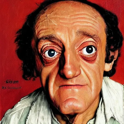 Image similar to a portrait painting of Marty Feldman. Painted by Norman Rockwell