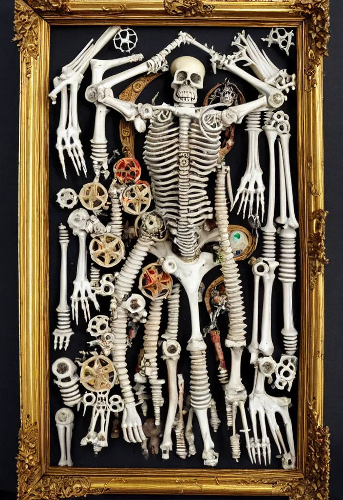 Image similar to prompt: Frame, bouget, old Victorian painting frame made out of bones, alchemical objects inspired by 1980's sci-ci, old experimentation cabinet, intricate oil painting detail, manga 1980