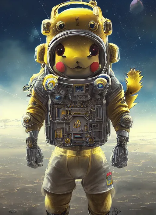 Prompt: high intricate pikachu in technical gear, on space harbor, full shot, maria panfilova, andrea savchenko, mike kime, ludovic plouffe, qi sheng luo, oliver cook, julian calle, eddie mendoza, trending on artstation