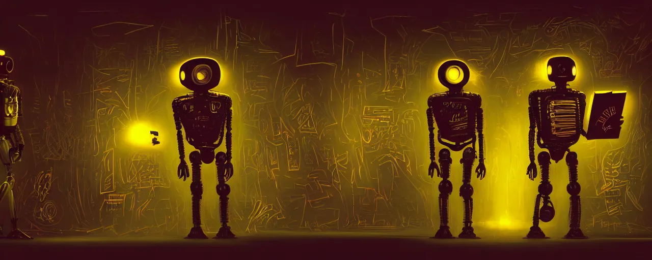 Image similar to dark scifi illustration 3 / 4 portrait of a robots having a meeting, reading necronomicon. cinematic lighting mad scientist style. golden ratio accidental renaissance. in the style of jean michel basquiat. graffiti art, scifi, fantasy, hyper detailed. octane render. concept art. trending on artstation