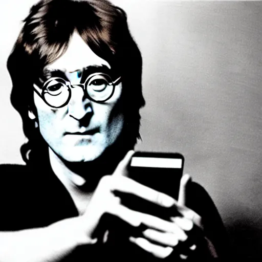 Prompt: a photo of john lennon holding a smartphone in his hand, high detailed