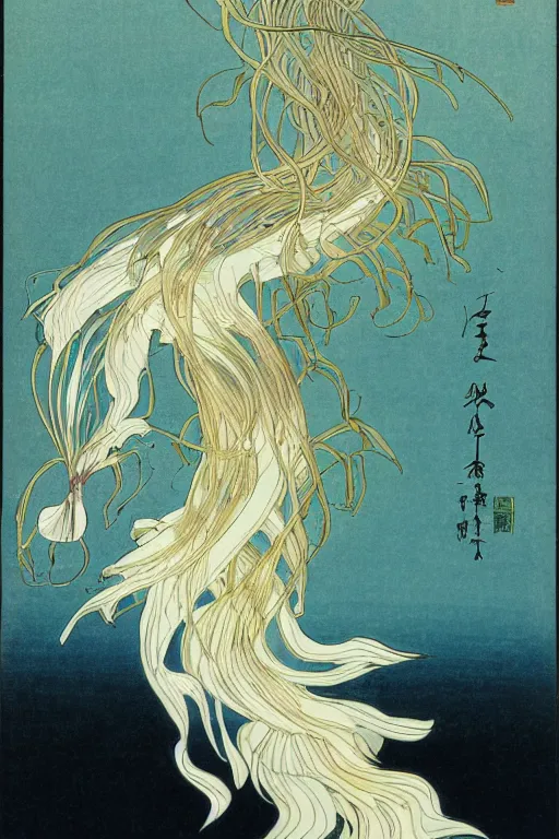 Prompt: ikebana of aquatic botanical seaweed and a graceful iridescent white betta fish with long swirling fins, black-water-background, traditional Japanese painting, hiroshige, artstation, alphonse-mucha