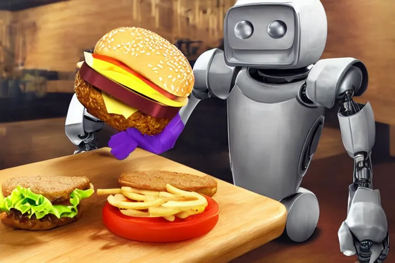 Image similar to robot eating cheese burger