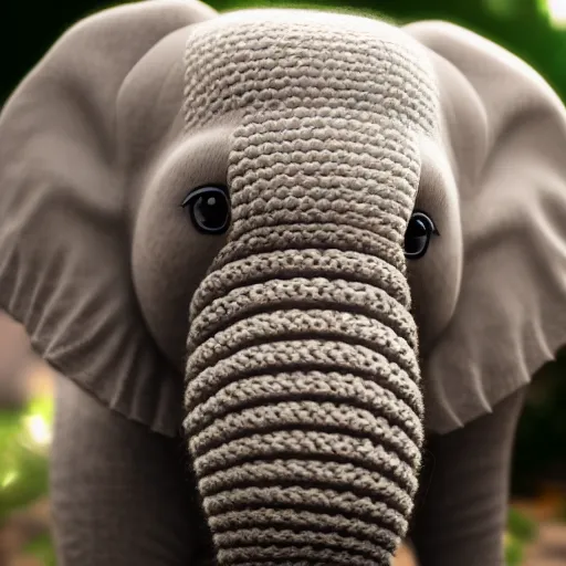 Image similar to a closeup photorealistic photograph of a cute smiling knitted baby elephant, professional capture, well lit shot. this 4 k hd image is trending on artstation, featured on behance, well - rendered, extra crisp, features intricate detail, epic composition and the style of unreal engine.