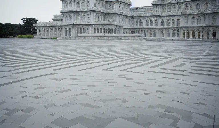 Image similar to A palace exterior designed by Ryoji Ikeda, photograph by Iwan Baan, long shot