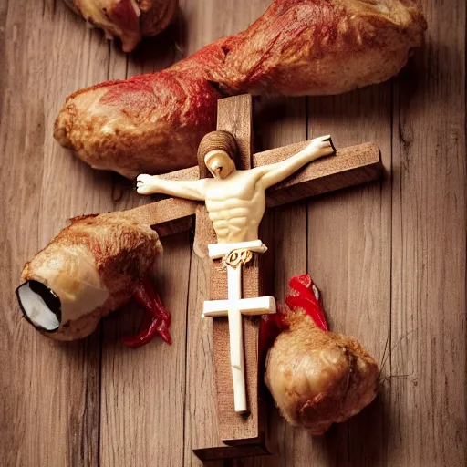 Image similar to rottisserie chicken crucified in a wooden cross, nails going through the drumsticks, daylight realistic 50mm photography