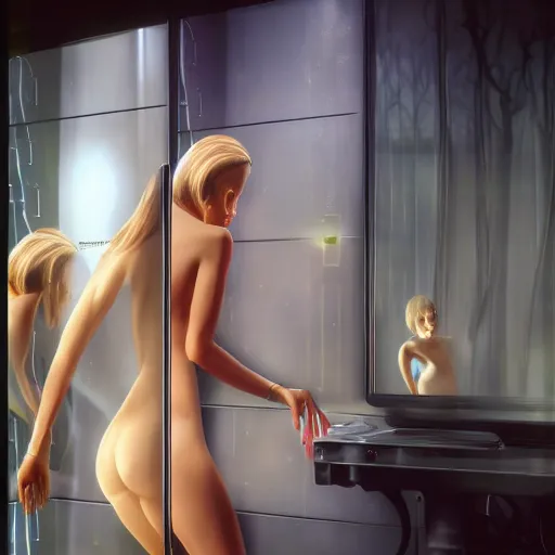 Prompt: gorgeous gynoid touching her own reflection, hyperrealistic, filmatic, dramatic, octane, highly detailed,